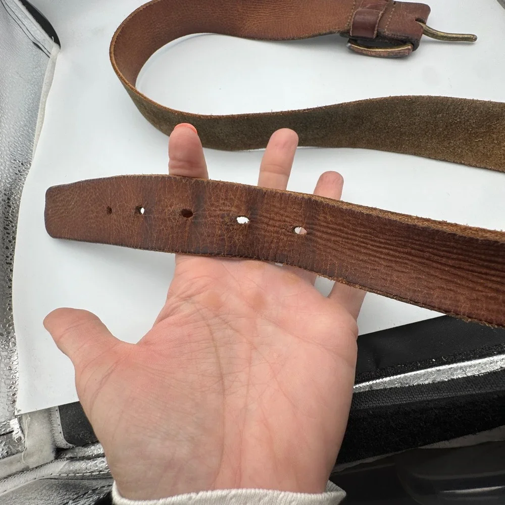 Bison Designs Brown Leather Belt Mens 38 Handcrafted USA Brass Buckle 1.5in Wide